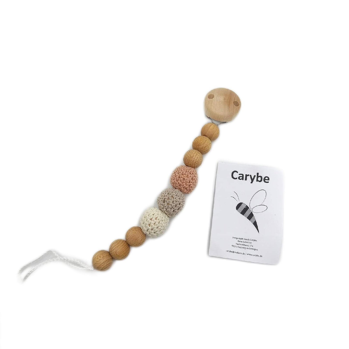 Carybe Schnullerkette Holz Bienenwachs häkeln Kinder Geschenk Braun kreativ