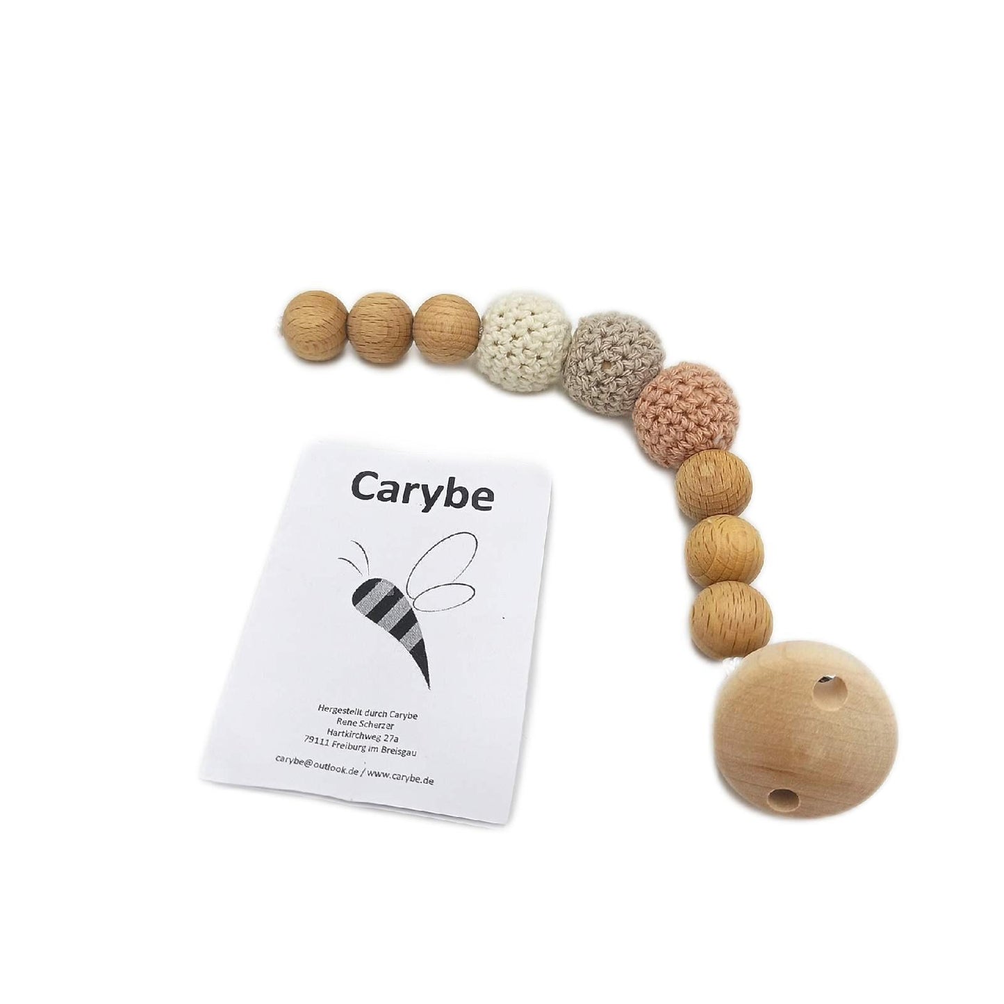 Carybe Schnullerkette Holz Bienenwachs häkeln Kinder Geschenk Braun kreativ