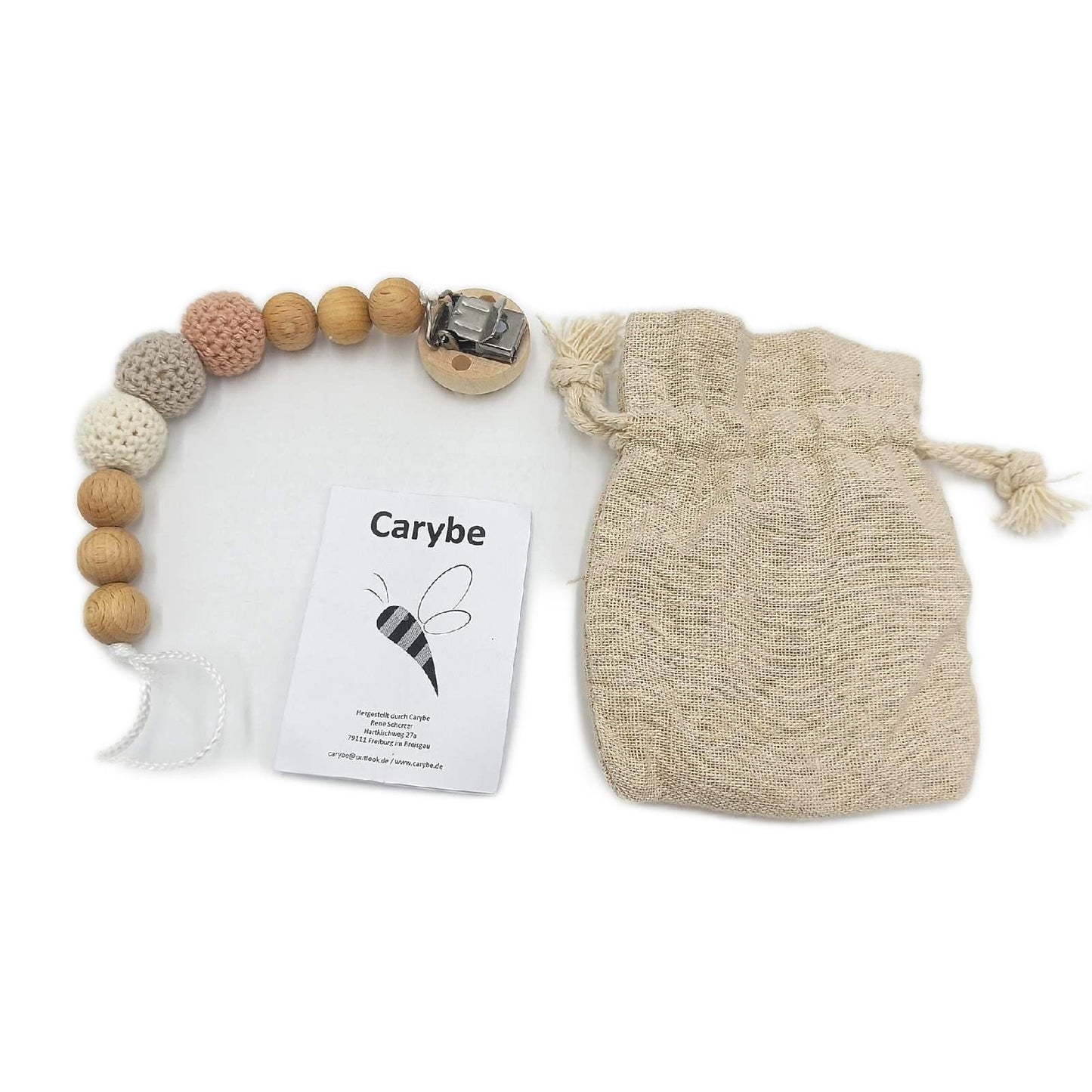 Carybe Schnullerkette Holz Bienenwachs häkeln Kinder Geschenk Braun kreativ
