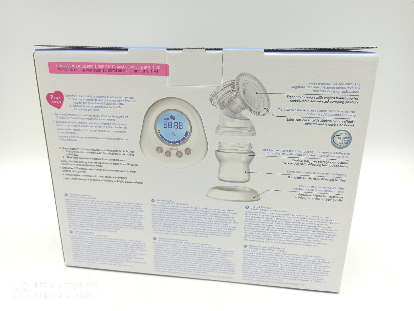 Chicco Naturally Me Elektrische Milchpumpe mit Stimulations- und Zugmodi, 10 Intensitätsstufen, ergonomische Form, mit geneigtem Sauger und luftdichtem Deckel, 150 ml