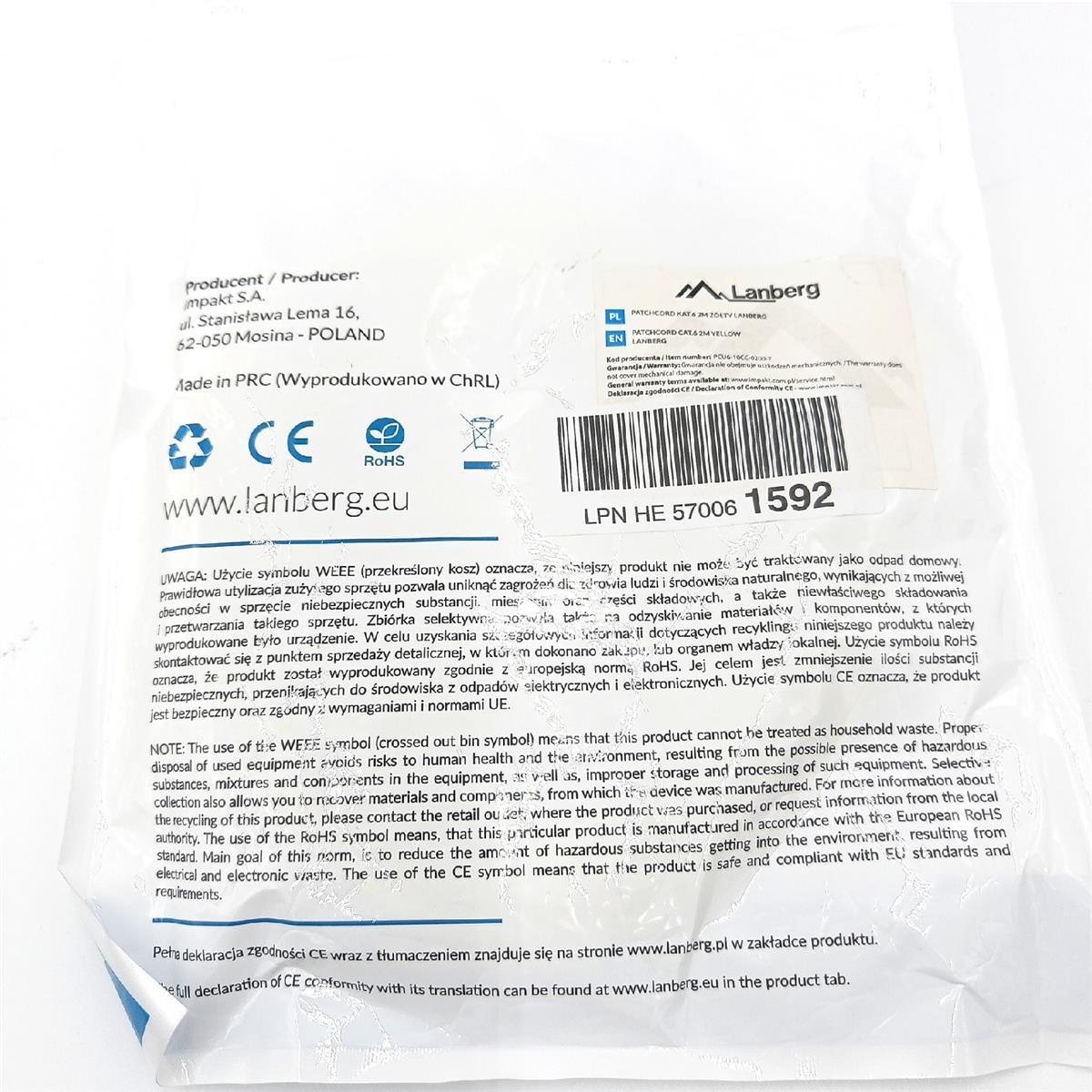 Lanberg PCU6-10CC-0200-Y Netzwerkkabel Kat.6 Utp, 2m gelb