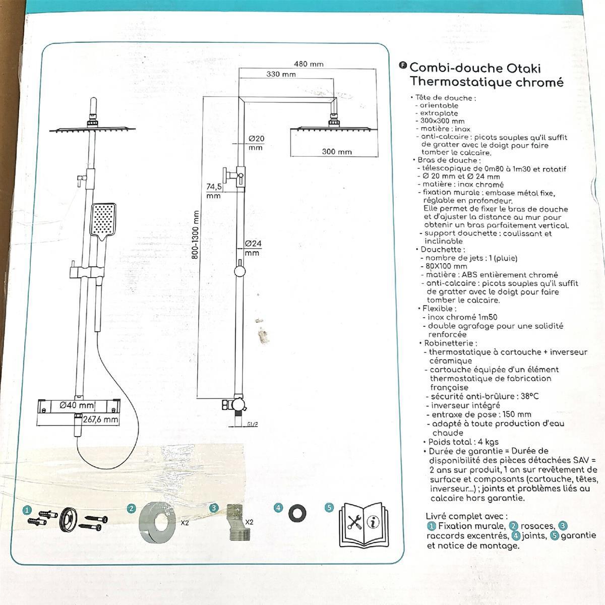 Edouard Rousseau Otaki Duschkombi  schwenkbarer Duschkopf  Teleskoparm  drehbar  1 50 m  mit Thermostat-Mischbatterie  Sicherheit gegen Verbrennungen  integrierte Umstellung  verchromt