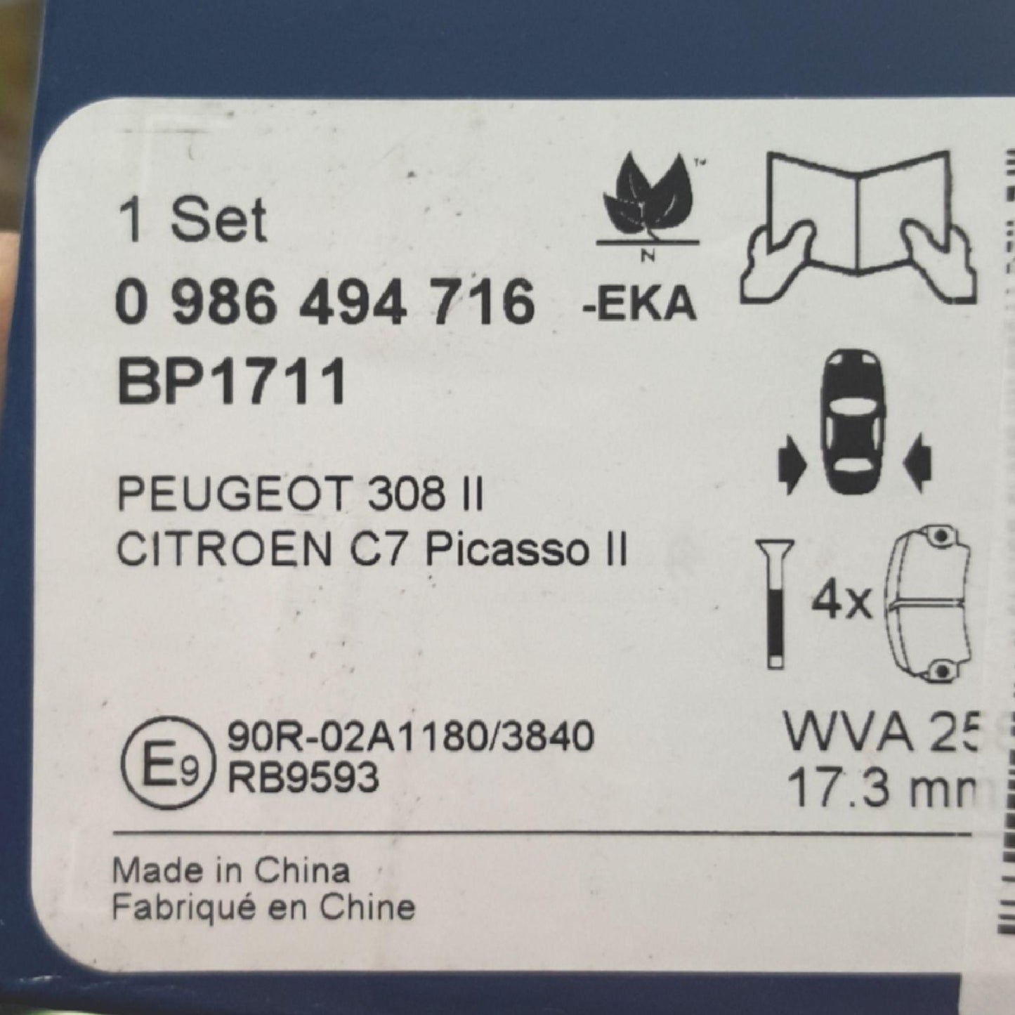 Bosch Bremsbeläge Autoteile BP1711 Hinterachse Set 4 Stück für