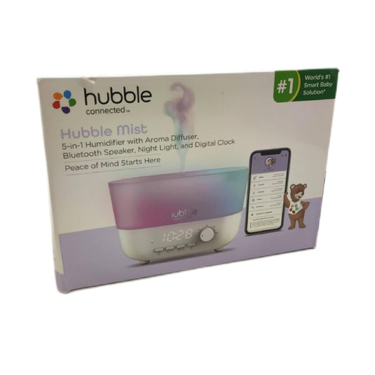 Hubble Connected Mist 5-in-1 Smart-Luftbefeuchter für Babys mit Aroma-Diffusor, Bluetooth-Lautsprecher, 7-farbiger Nachtlichtfunktion, LED-Digitaluhr, 10 Stunden Batterielaufzeit und Smartphone-App