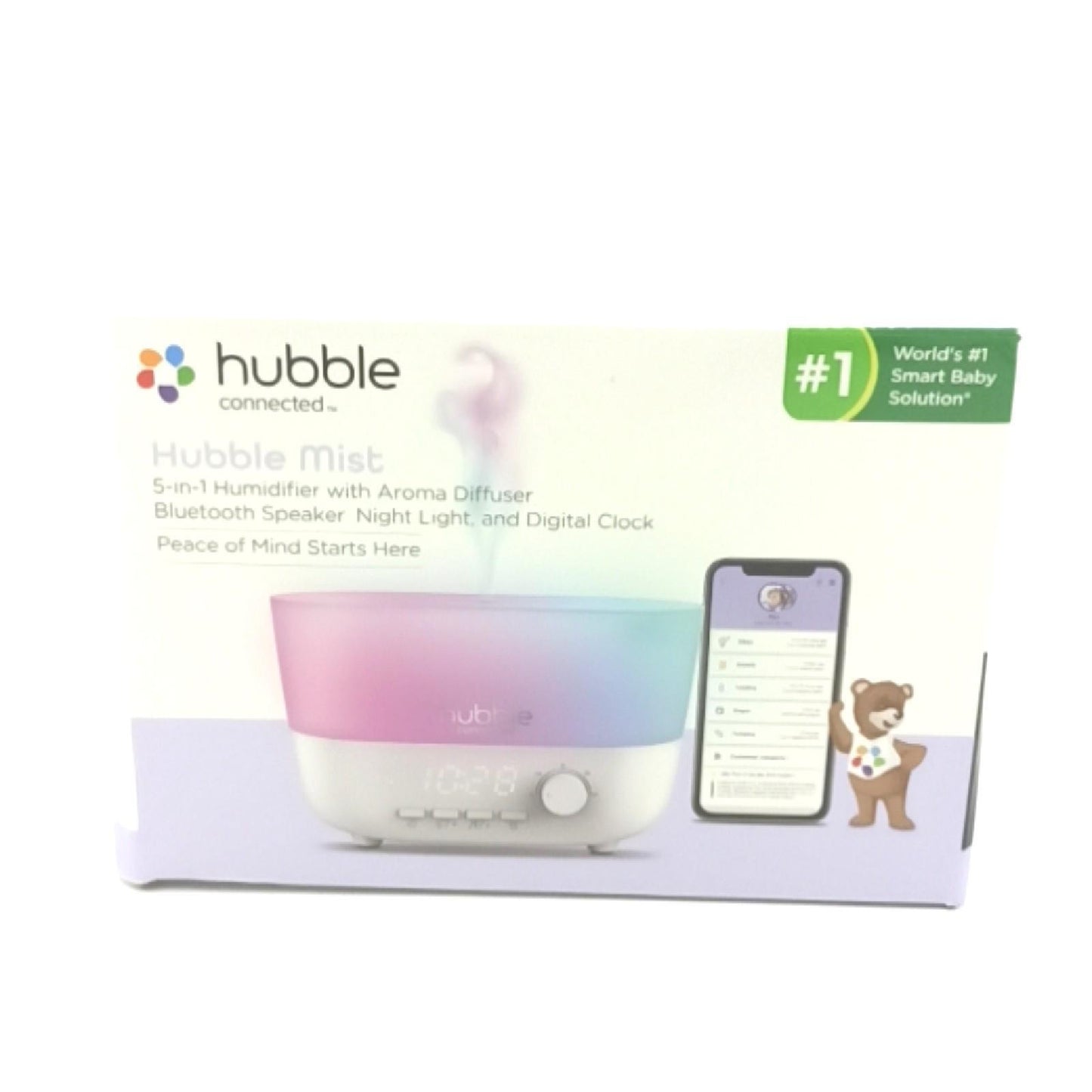 Hubble Connected Mist 5-in-1 Smart-Luftbefeuchter für Babys mit Aroma-Diffusor, Bluetooth-Lautsprecher, 7-farbiger Nachtlichtfunktion, LED-Digitaluhr, 10 Stunden Batterielaufzeit und Smartphone-App