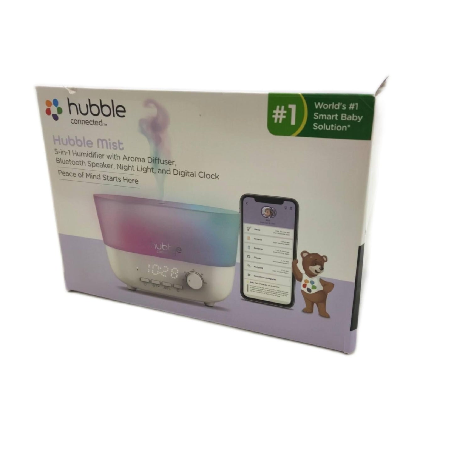 Hubble Connected Mist 5-in-1 Smart-Luftbefeuchter für Babys mit Aroma-Diffusor, Bluetooth-Lautsprecher, 7-farbiger Nachtlichtfunktion, LED-Digitaluhr, 10 Stunden Batterielaufzeit und Smartphone-App