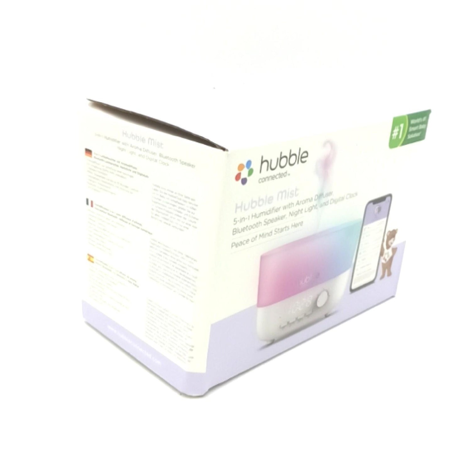 Hubble Connected Mist 5-in-1 Smart-Luftbefeuchter für Babys mit Aroma-Diffusor, Bluetooth-Lautsprecher, 7-farbiger Nachtlichtfunktion, LED-Digitaluhr, 10 Stunden Batterielaufzeit und Smartphone-App