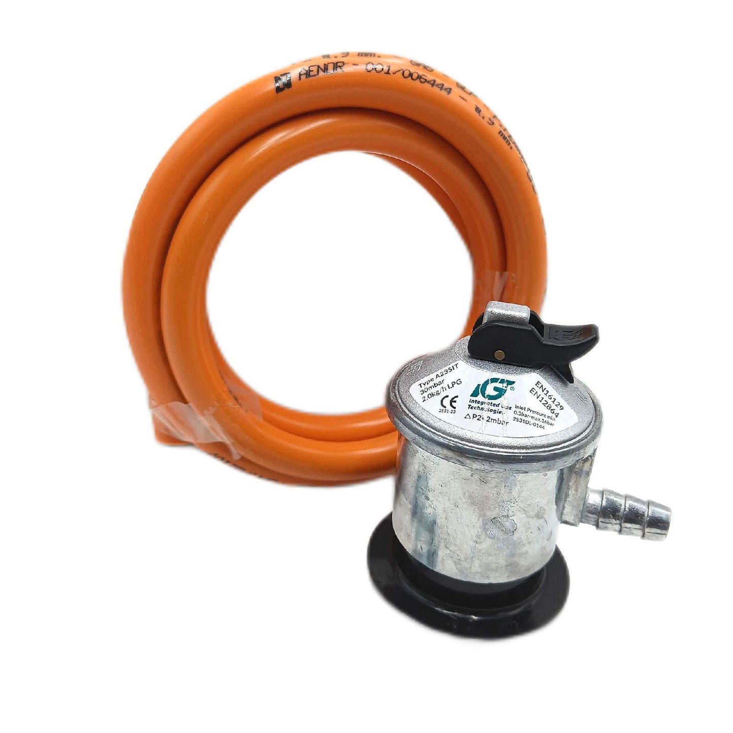 S&M - Standard-Set fr Butangasflasche: Metallregler + oranger Gummischlauch (1,5 m) + 2 Sicherheitsschellen | fr Kchen, Heizungen, Grills, Herde, fen und Paella-Pfannen