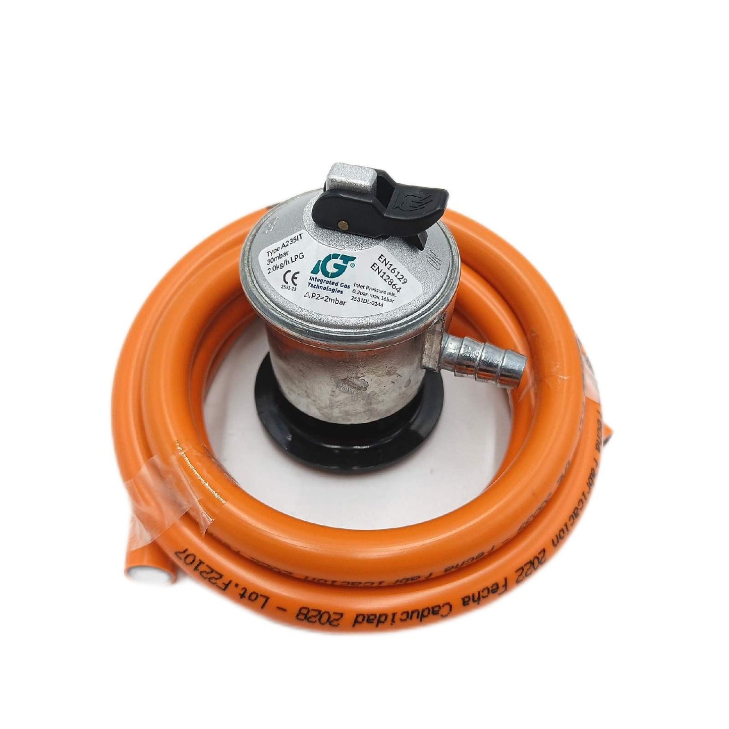S&M - Standard-Set fr Butangasflasche: Metallregler + oranger Gummischlauch (1,5 m) + 2 Sicherheitsschellen | fr Kchen, Heizungen, Grills, Herde, fen und Paella-Pfannen