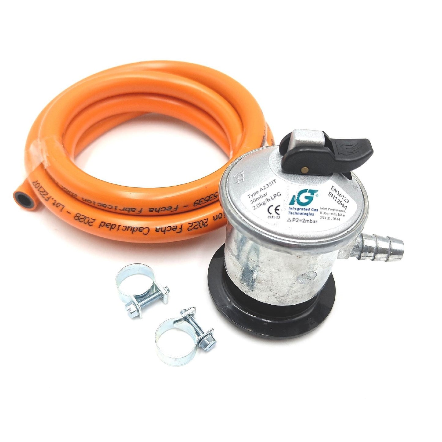 S&M - Standard-Set fr Butangasflasche: Metallregler + oranger Gummischlauch (1,5 m) + 2 Sicherheitsschellen | fr Kchen, Heizungen, Grills, Herde, fen und Paella-Pfannen