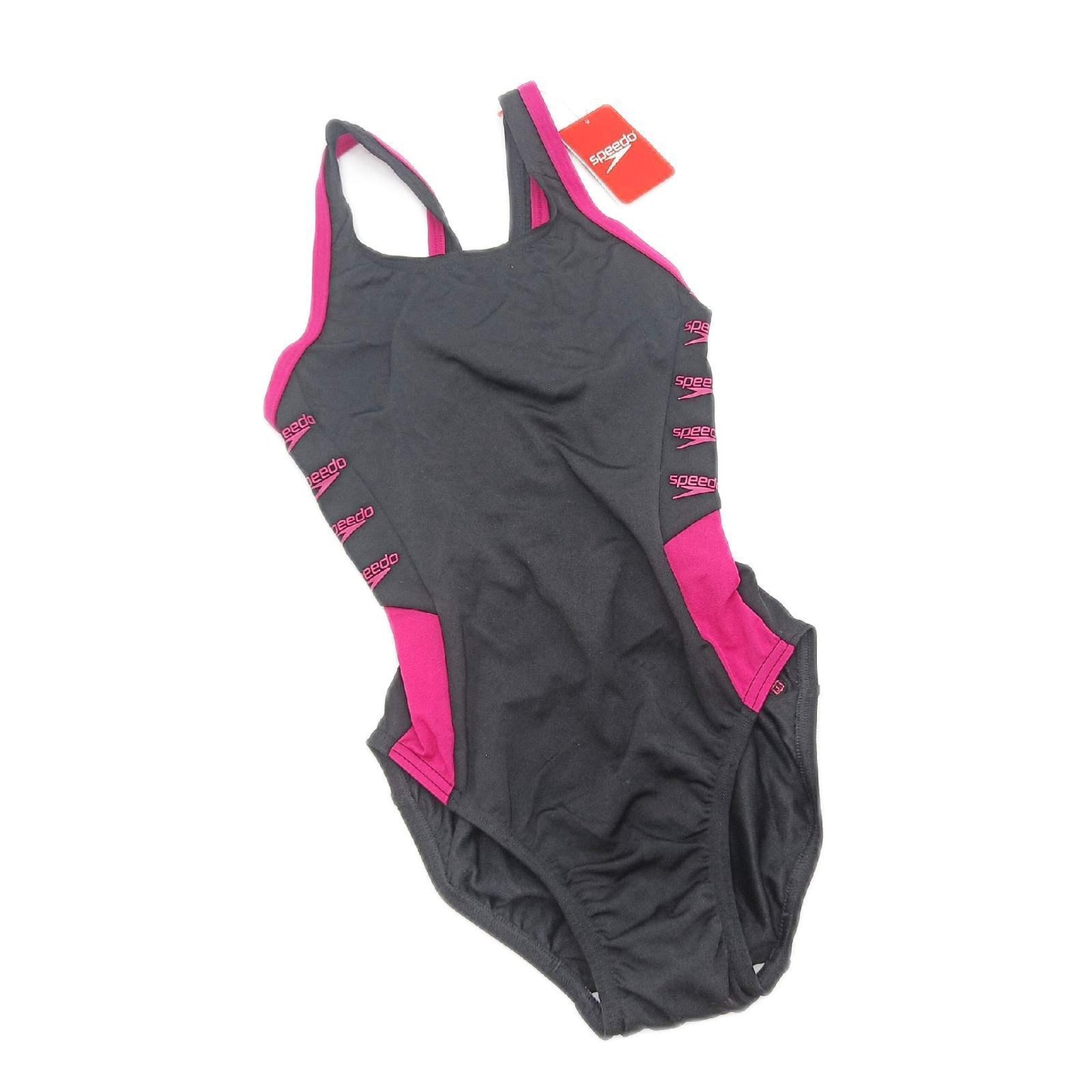 Speedo Damen Boom Logo Splice Muscleback Badeanzug, Schwarz/Electric Rosa, 28