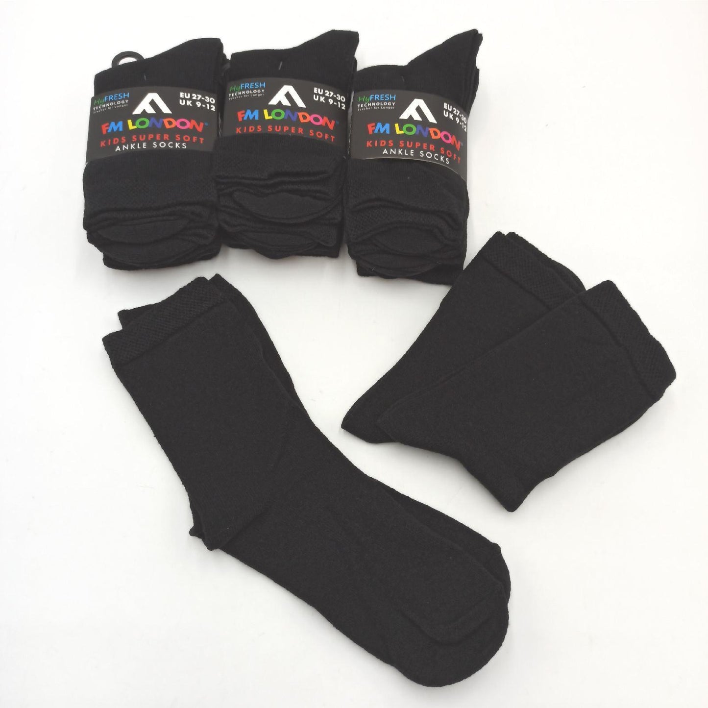 FM London Schulsocken Kinder Socken Schwarz Calf Komfort