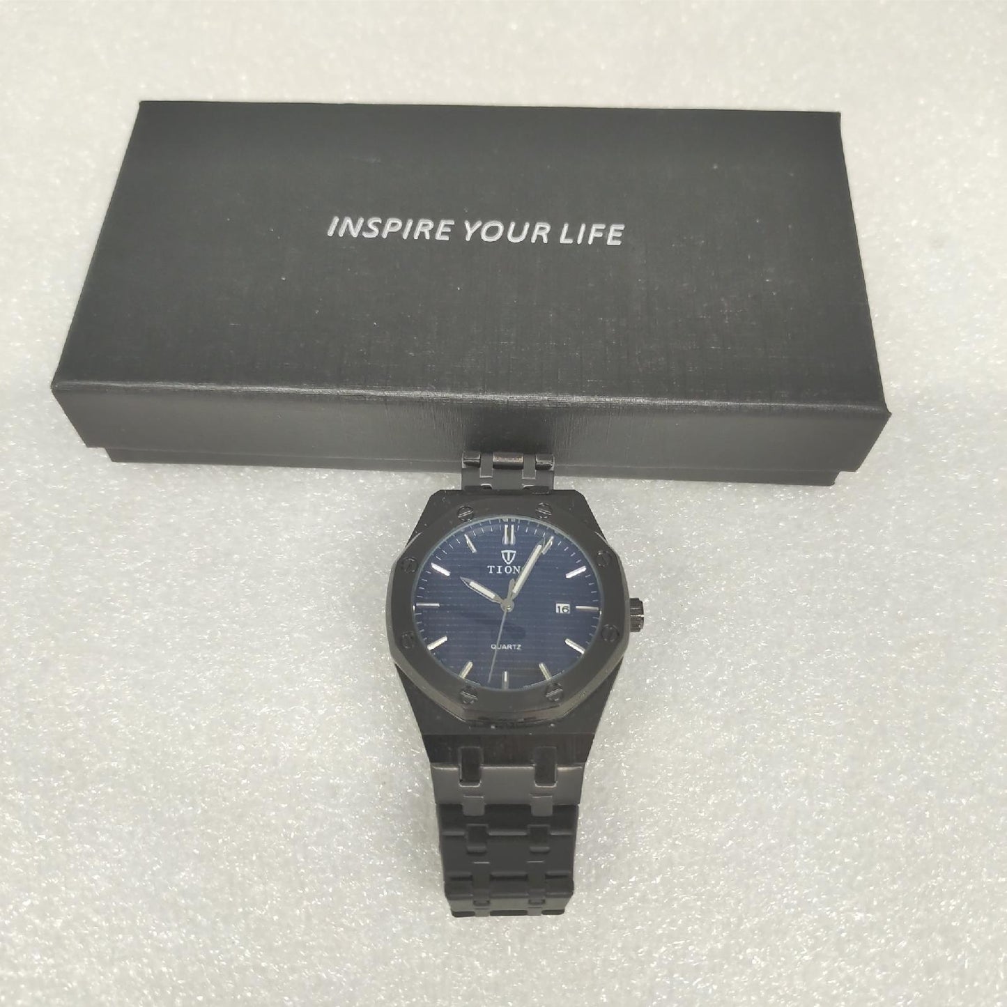 Tiong Herren Mode Business Edelstahl Datum Wasserdicht Analog Quarz Uhr Silber Blau Uhr Armbanduhren für Männer, Schwarz, Armband