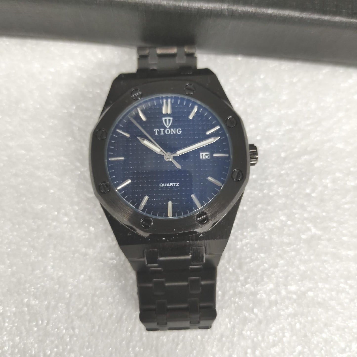 Tiong Herren Mode Business Edelstahl Datum Wasserdicht Analog Quarz Uhr Silber Blau Uhr Armbanduhren für Männer, Schwarz, Armband
