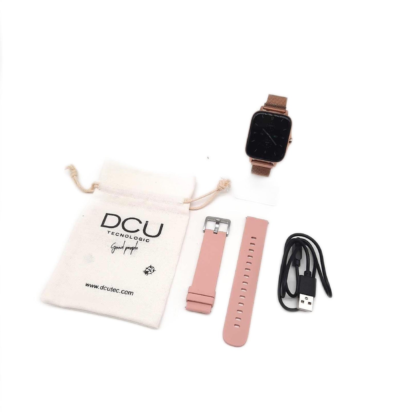 DCU TECNOLOGIC | Moderne Smartwatch | Smartwatch-Anrufe | App-Benachrichtigungen & Anrufe | 8 Sportmodi | IP67 | 2 Roségold-Metallarmbänder +rosa Silikon