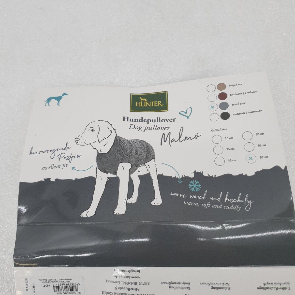 Hunter Hundepullover Bekleidung Malm 50 Grau Warm und Bequem für Kleine Hunde
