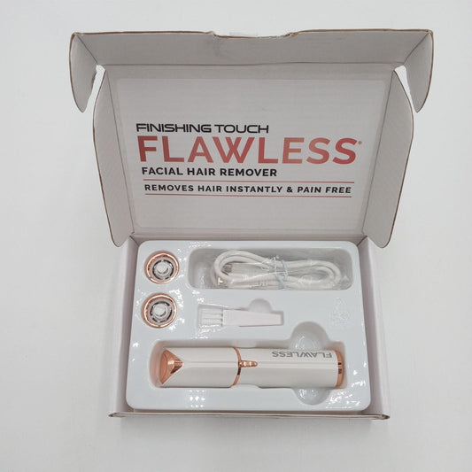 Finishing Touch Flawless Face, Wiederaufladbarer Damenrasierer mit hypoallergenem Scherkopf, inkl. 2 Ersatzaufsätzen, Weiß