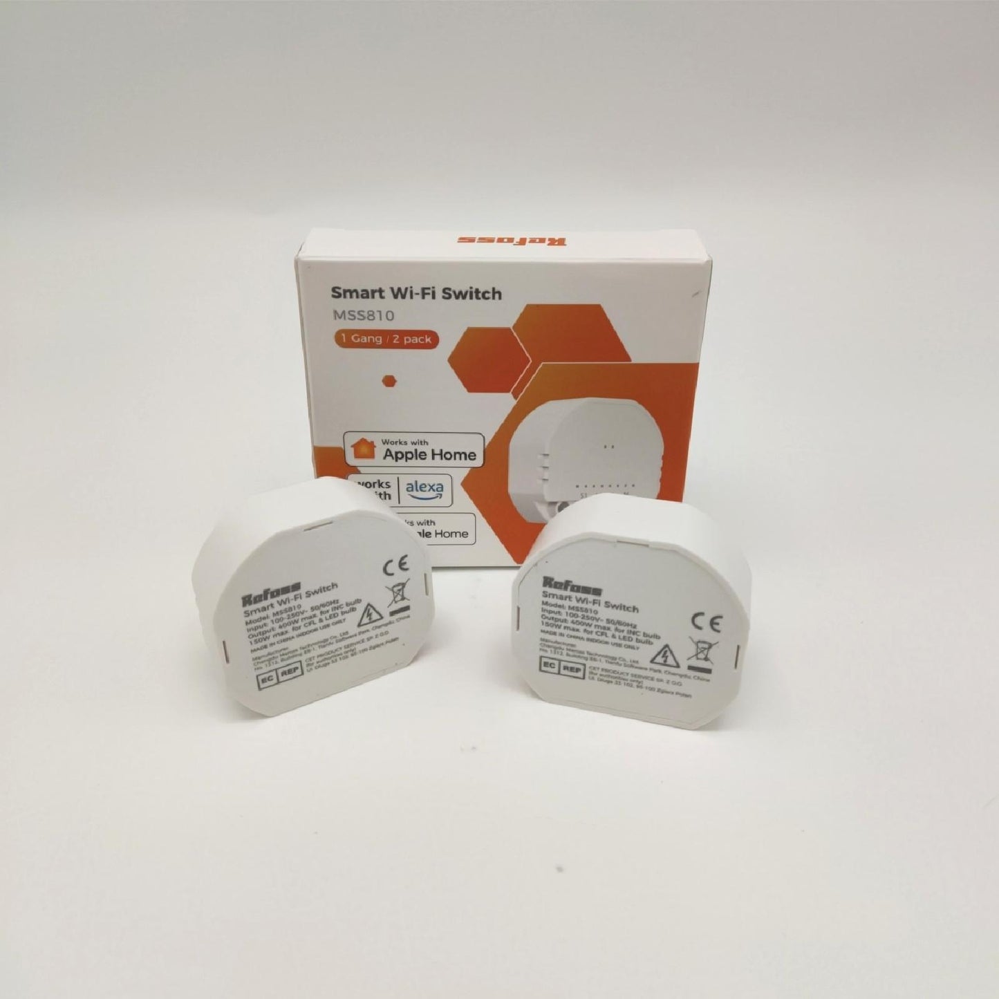 Refoss Mini Smart Lichtschalter, kompatible mit Apple HomeKit, Alexa & Google Home, Relais Modul, 1-Wege-Lichtschalter, Wandschalter, 2.4GHz, 250V 10A, 2 Stück