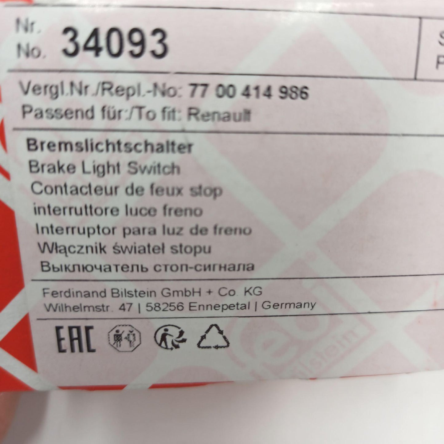 febibilstein Bremslichtschalter Kfz Ersatzteile 34093 Sicherheitsschalter für Fahrzeuge