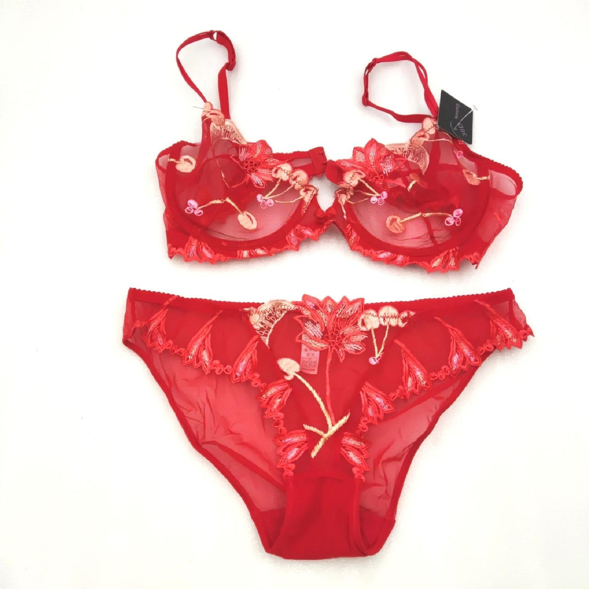 Guoeappa Frauen Sexy Weiche Spitze BH und Panty Set Bügel Alltag BH Floral Spitze DessousRot 80D