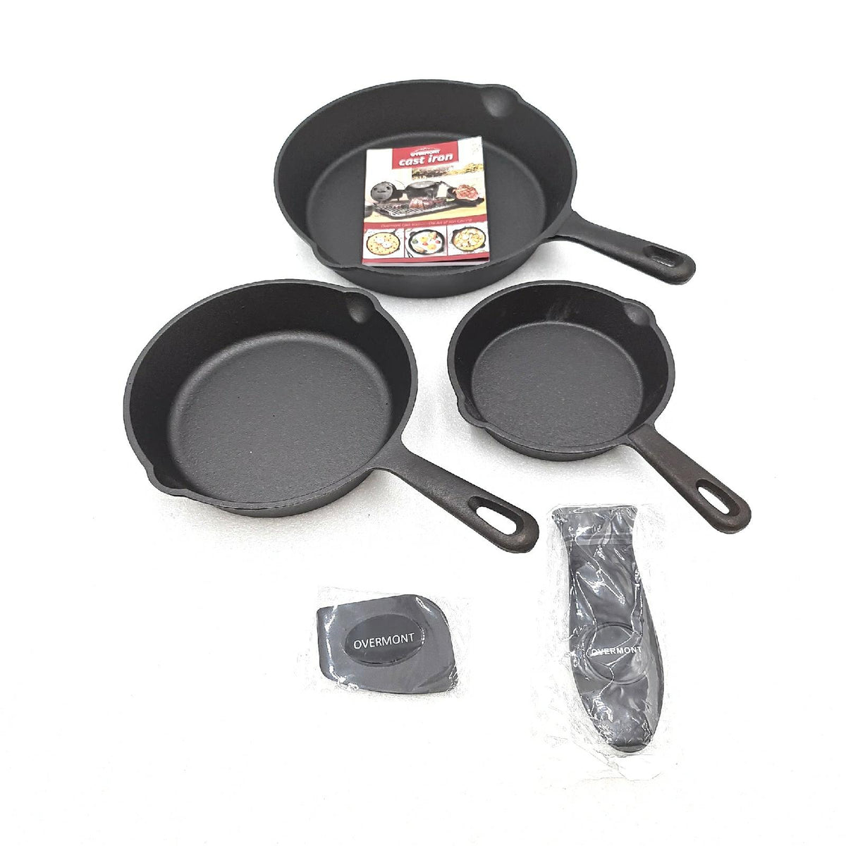 Overmont Gusseisenpfanne Grillpfanne 3 Teile Set Voreingebrannte Steakpfanne mit Griff Gasgrill Backofen Kohlegrill