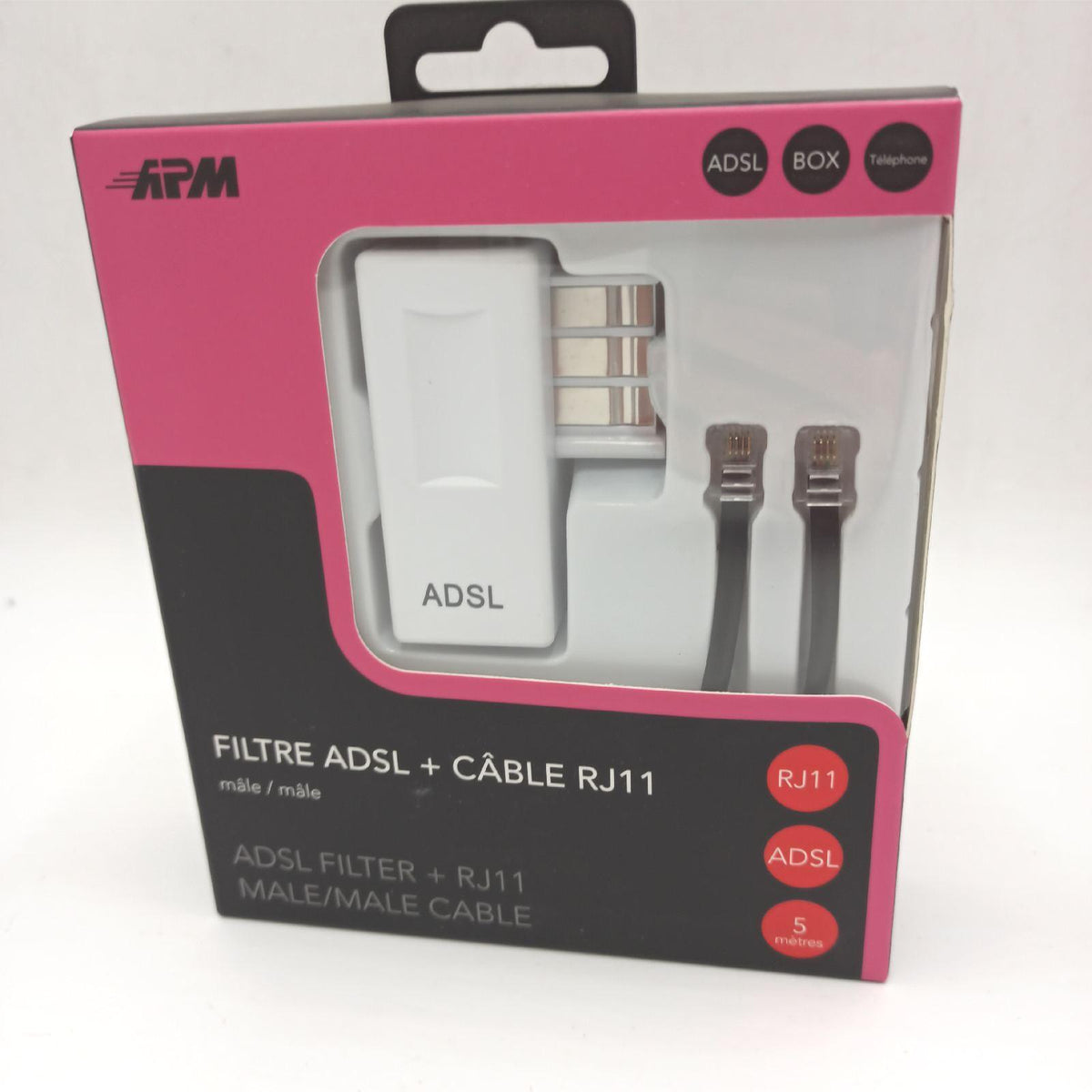 APM 570838 ADSL-Kabel  weich und flexibel  RJ11  männlich/männlich  Schwarz  5 m + Adsl Filter  weiß  zum Anschluss an ADSL-Gehäuse oder Modem