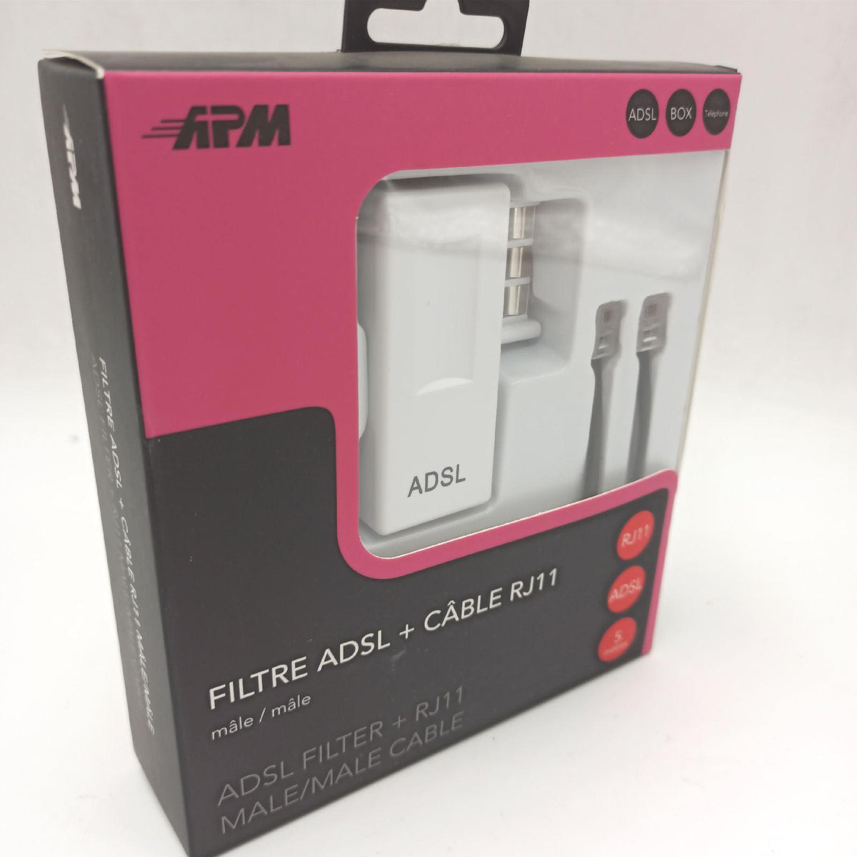 APM 570838 ADSL-Kabel  weich und flexibel  RJ11  männlich/männlich  Schwarz  5 m + Adsl Filter  weiß  zum Anschluss an ADSL-Gehäuse oder Modem