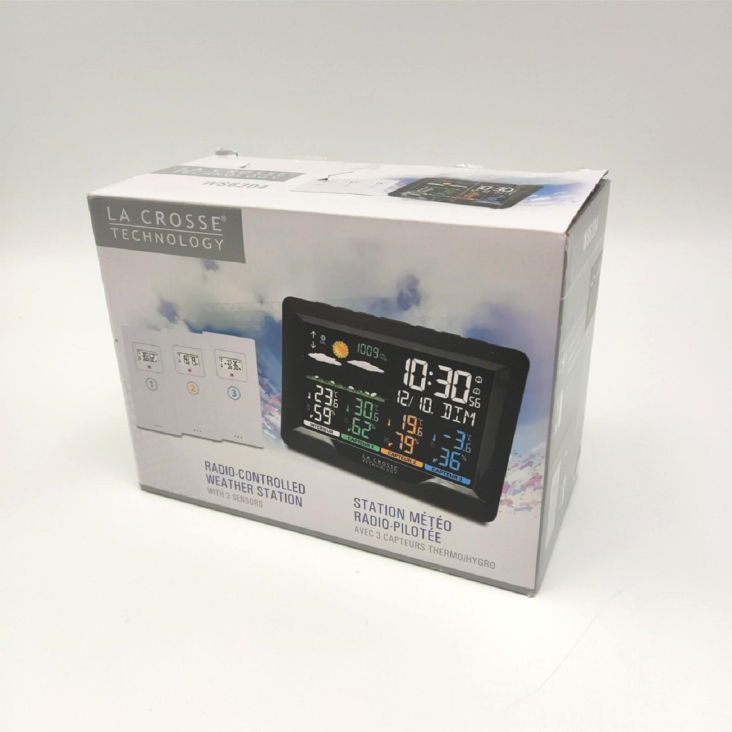 La Crosse Technology Wetterstation Funk Wetterstation Temperatur Feuchtigkeit schwarz weiß mit drei Sensoren