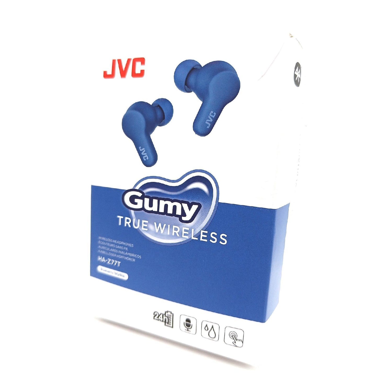 JVC HA-Z77T-A Gumy True Wireless Kopfhörer mit weichen Elastomer Ohrstöpseln, 3 Sound-Modi, Bluetooth 5.3, 24 Std. Akkulaufzeit, iPX4 Spritzwasserschutz, (Blueberry Blue)