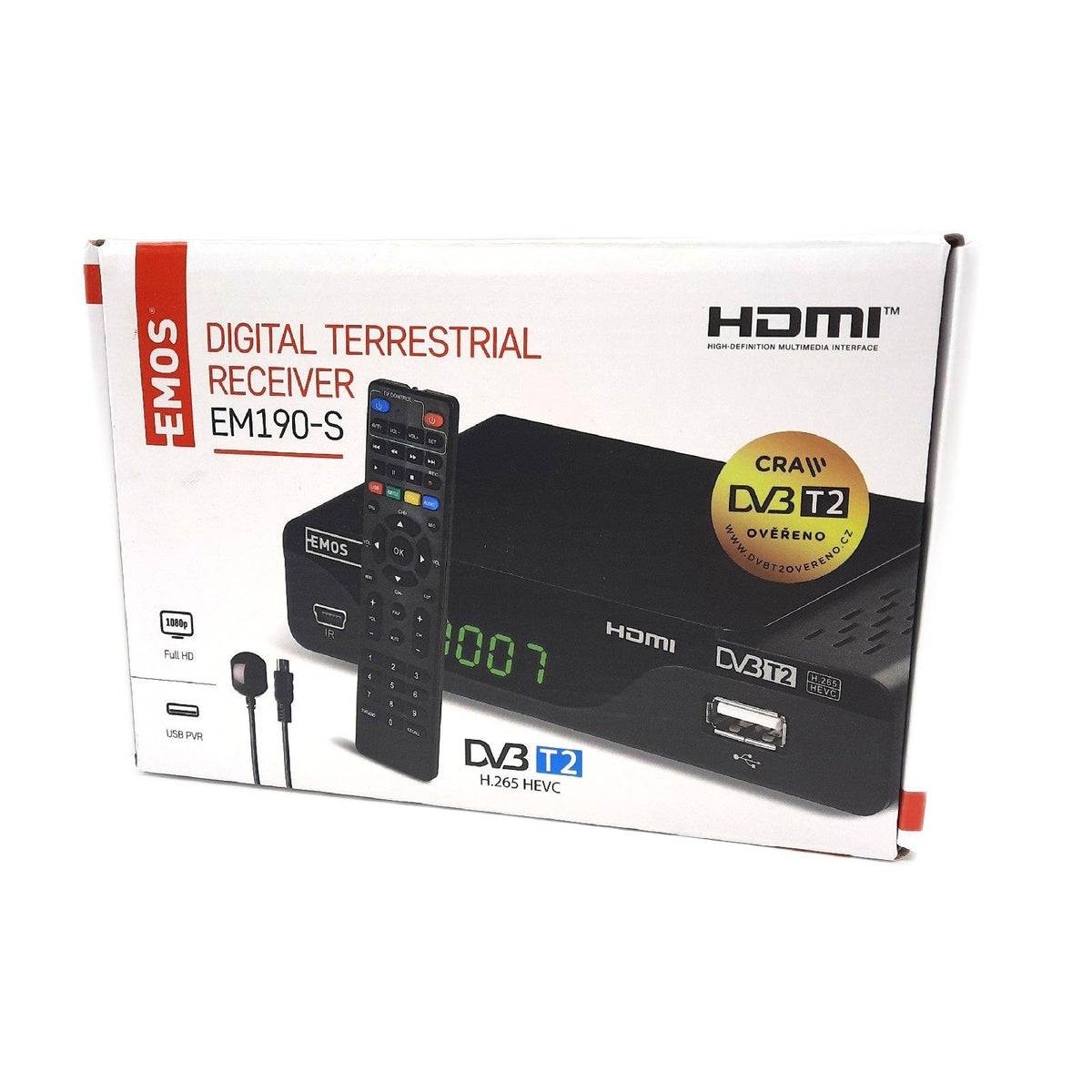 Emos DVB T2 Receiver TV Empfang Digital Full HD USB HDMI SCART Koaxial Anschluss