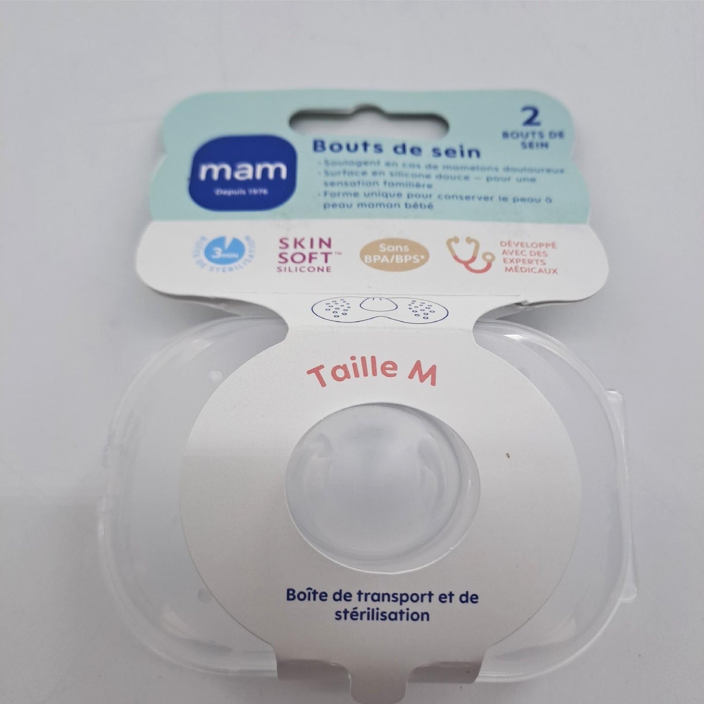 MAM Brustspitzen – 2 Stück Silikon-Bruststück (Größe M, 20 mm) – hautfreundliches Stillzubehör mit Sterilisierbox