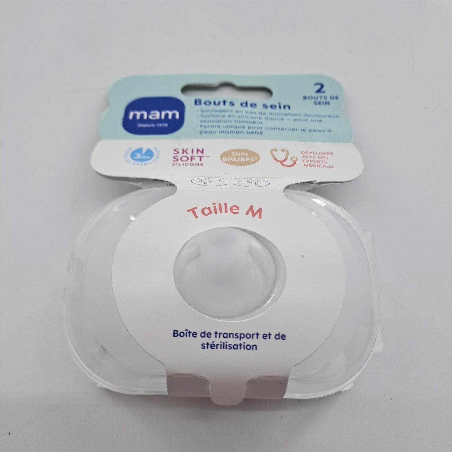 MAM Brustspitzen – 2 Stück Silikon-Bruststück (Größe M, 20 mm) – hautfreundliches Stillzubehör mit Sterilisierbox