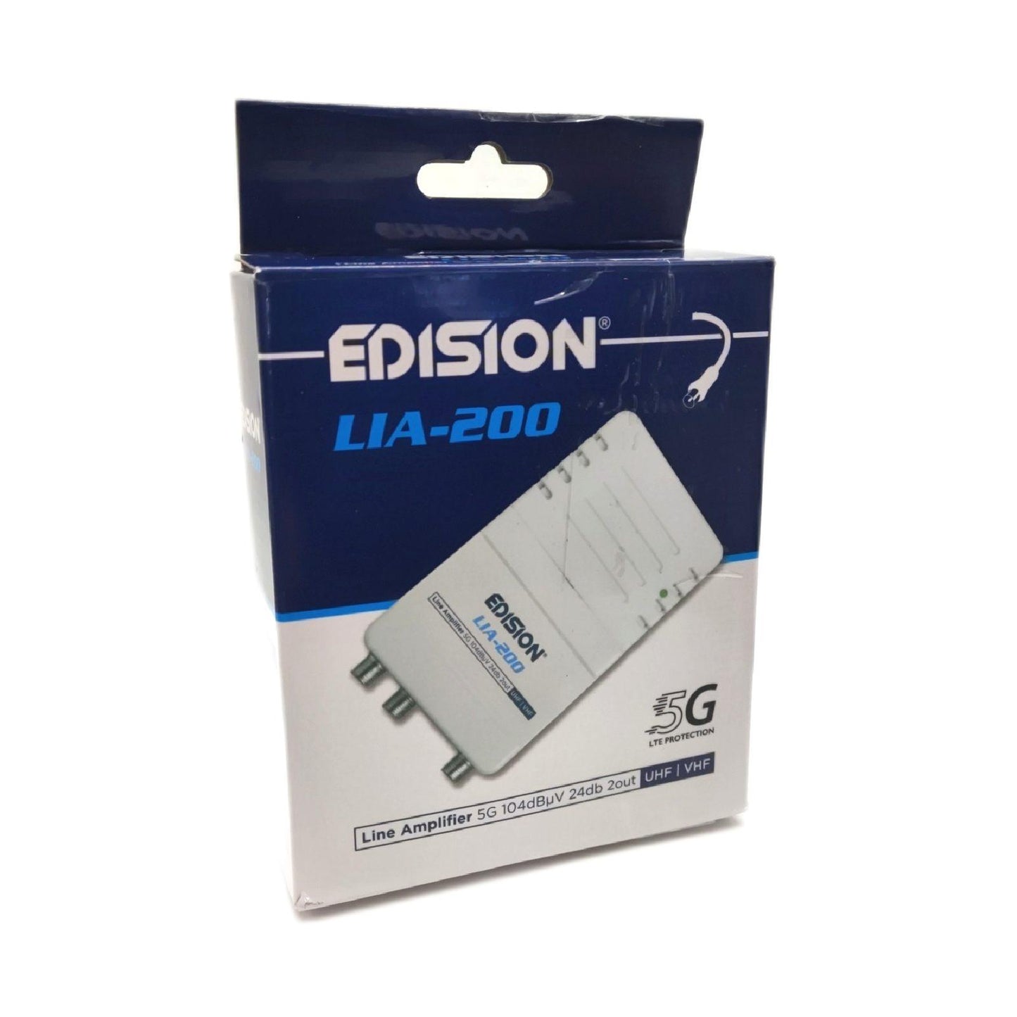 EDISION LIA-200 Hausanschlussverstärker UHF/VHF, 12-24db, 104dBmV, Frequenzbereich 47-694Mhz, geeignet für Kabelfernsehen digital und Terrestrisch DVB-T/T2, 5G LTE Filter, 1 Eingang, 2 Ausgänge