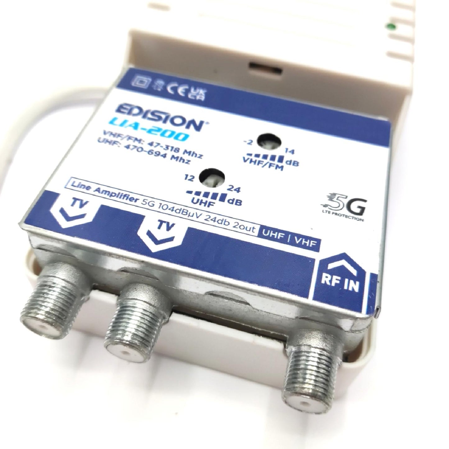 EDISION LIA-200 Hausanschlussverstärker UHF/VHF, 12-24db, 104dBmV, Frequenzbereich 47-694Mhz, geeignet für Kabelfernsehen digital und Terrestrisch DVB-T/T2, 5G LTE Filter, 1 Eingang, 2 Ausgänge