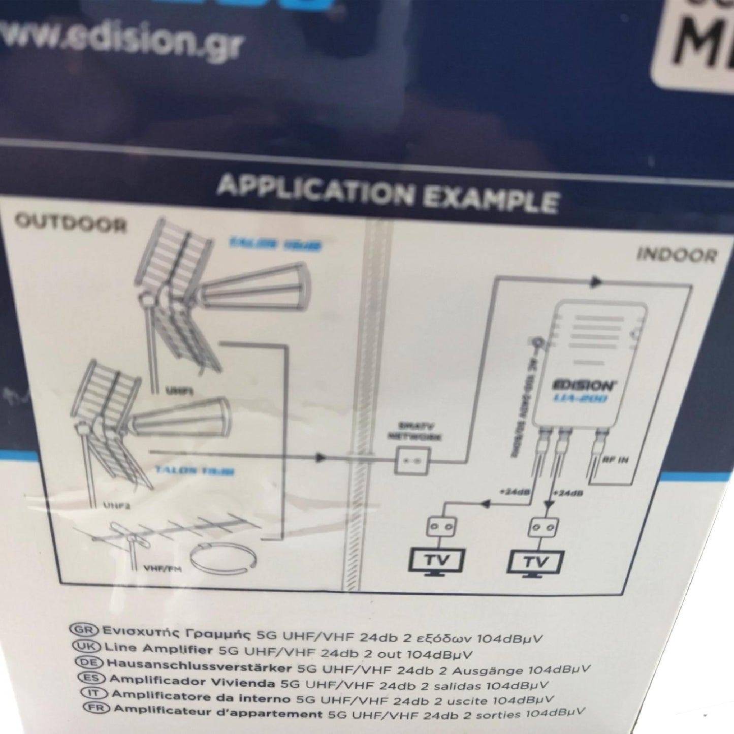 EDISION LIA-200 Hausanschlussverstärker UHF/VHF, 12-24db, 104dBmV, Frequenzbereich 47-694Mhz, geeignet für Kabelfernsehen digital und Terrestrisch DVB-T/T2, 5G LTE Filter, 1 Eingang, 2 Ausgänge