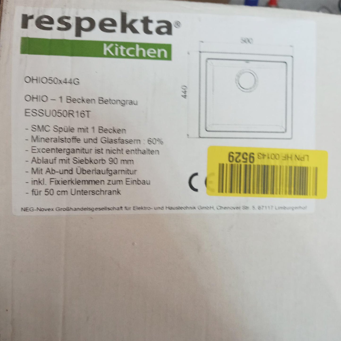 respekta Mineralite Granit-Einbauspüle 50 x 44 cm betongrau (146,00)