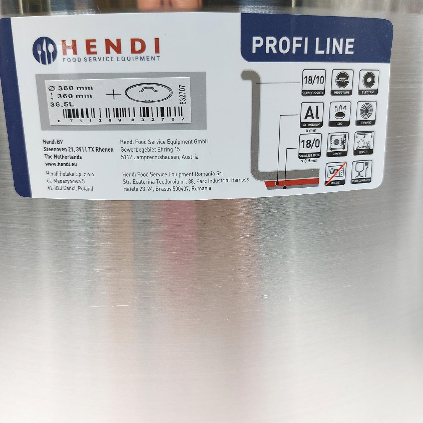 HENDI Kochtopf, Hoch, mit Deckel, Satiniert mit hochglanzpoliertem, verstärktem Rand, mehrfach punktgeschweißte Griffe, Gasherd, Induktionsherd, Elektroherd, 37L, ø360x(h)360mm, Edelstahl 18/10