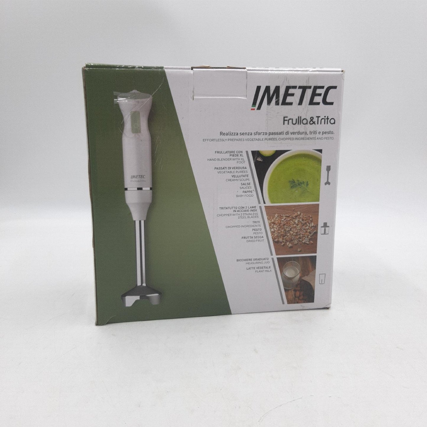 Imetec Frulla&Trita Tauchmixer, Klingen aus Edelstahl, extra großes Fuß, abnehmbarer Schaft, Messbecher mit 1 Liter, 800 Watt, 15 U/min