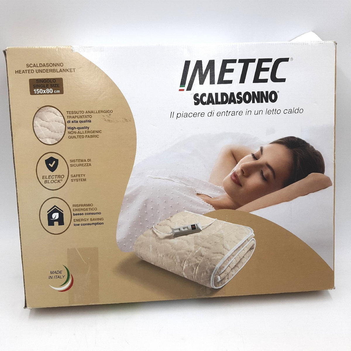 Imetec  Wärmeunterbett für Einzelbetten  150x80 cm  niedriger Stromverbrauch  Steuerung mit 2 Temperaturen  gesteppes Gewebe  Made in Italy  hand- und maschinenwaschbar