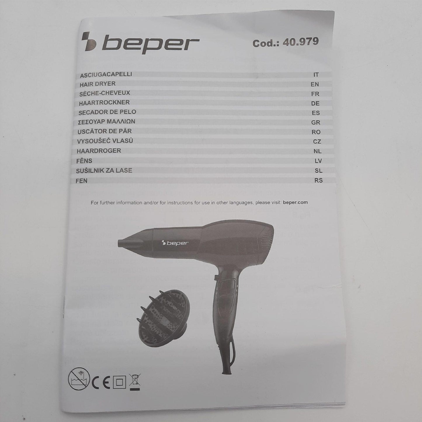 BEPER Haartrockner Stylinggeräte 2000 Watt Leistungsstark Trockenfunktion Diffusor Konzentrator