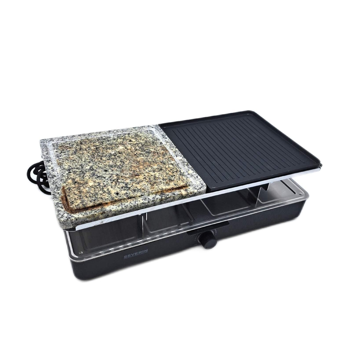 SEVERIN Raclette-Grill mit Naturgrillstein und Grillplatte  Raclette mit antihaftbeschichteter Grillplatte und 8 Pfännchen  Tischgrill für 8 Personen  max. 1300 W  schwarz  RG 2371