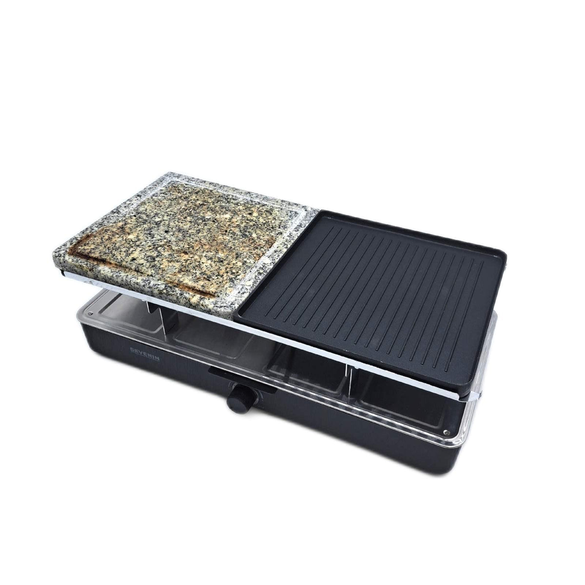 SEVERIN Raclette-Grill mit Naturgrillstein und Grillplatte  Raclette mit antihaftbeschichteter Grillplatte und 8 Pfännchen  Tischgrill für 8 Personen  max. 1300 W  schwarz  RG 2371