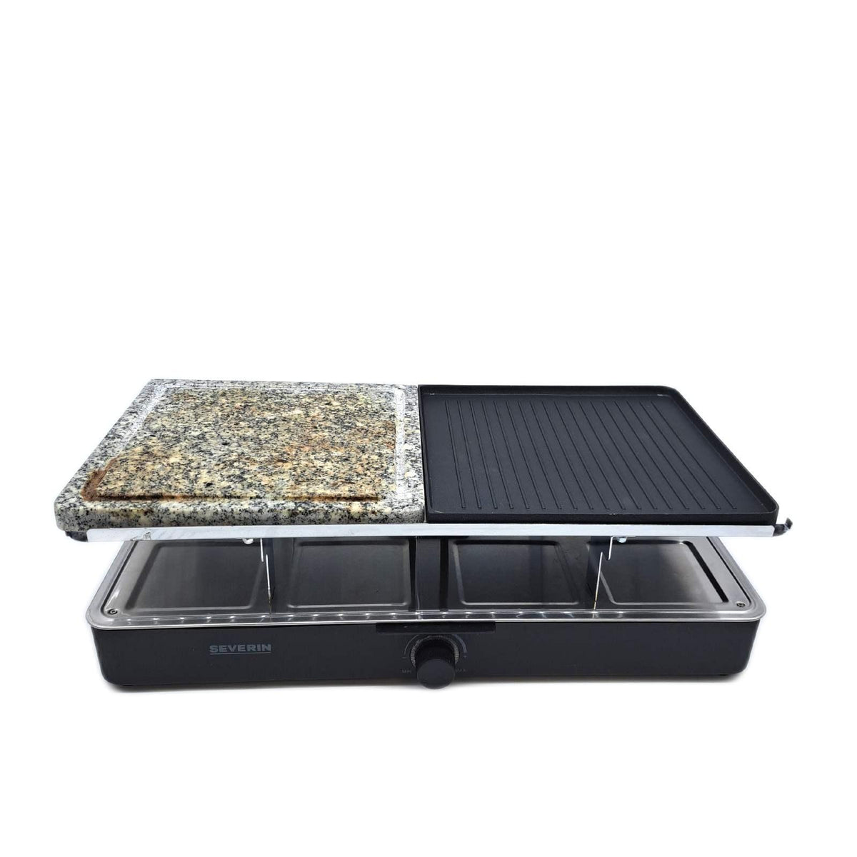 SEVERIN Raclette-Grill mit Naturgrillstein und Grillplatte  Raclette mit antihaftbeschichteter Grillplatte und 8 Pfännchen  Tischgrill für 8 Personen  max. 1300 W  schwarz  RG 2371
