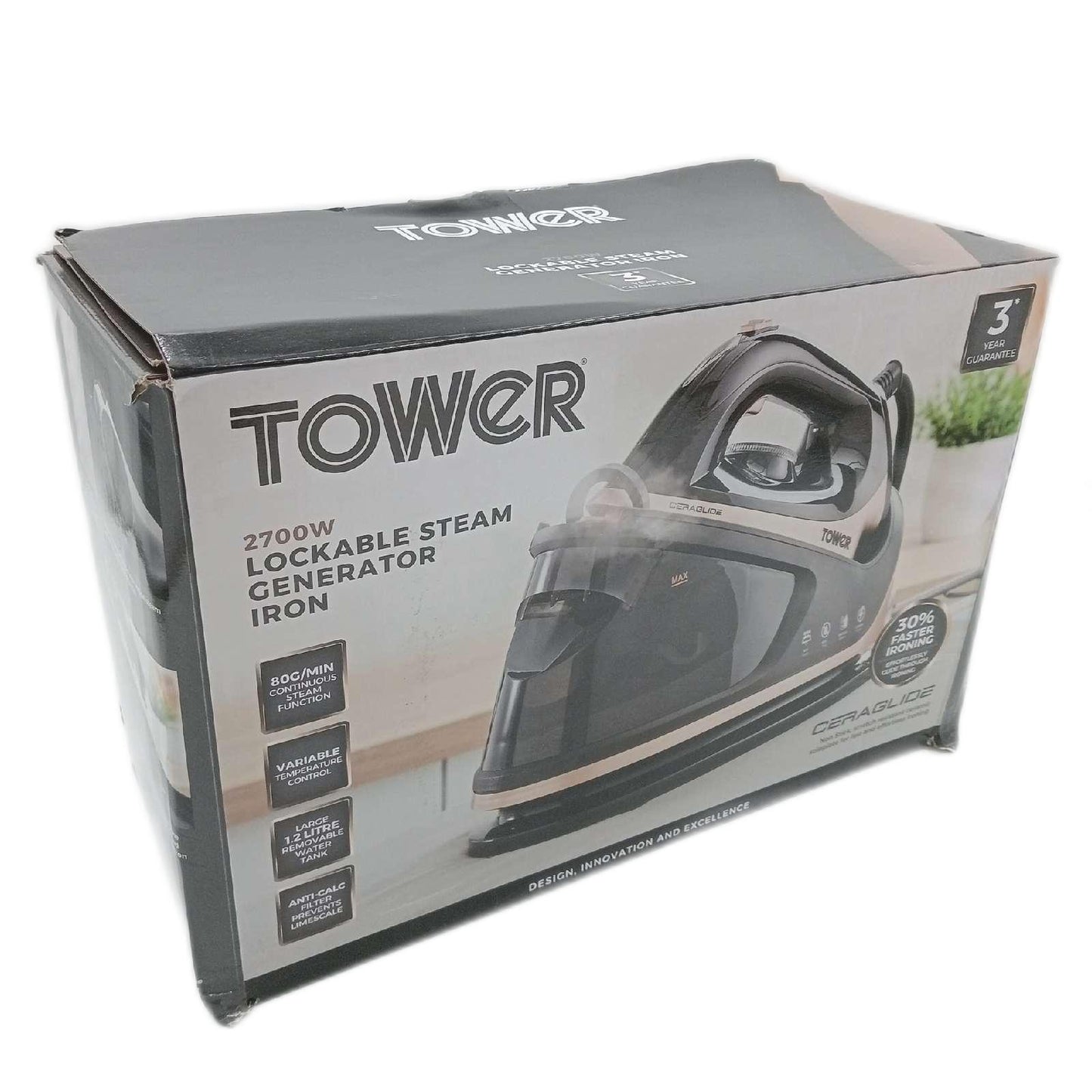 Tower T22023GLD Ceraglide Bügeleisen mit Dampfbügelstation - Dampfbügeleisen mit Dampfstoßtaste, 3 Temperatureinstellungen, 1,2 L, 2700 W, Champagner Gold und Schwarz