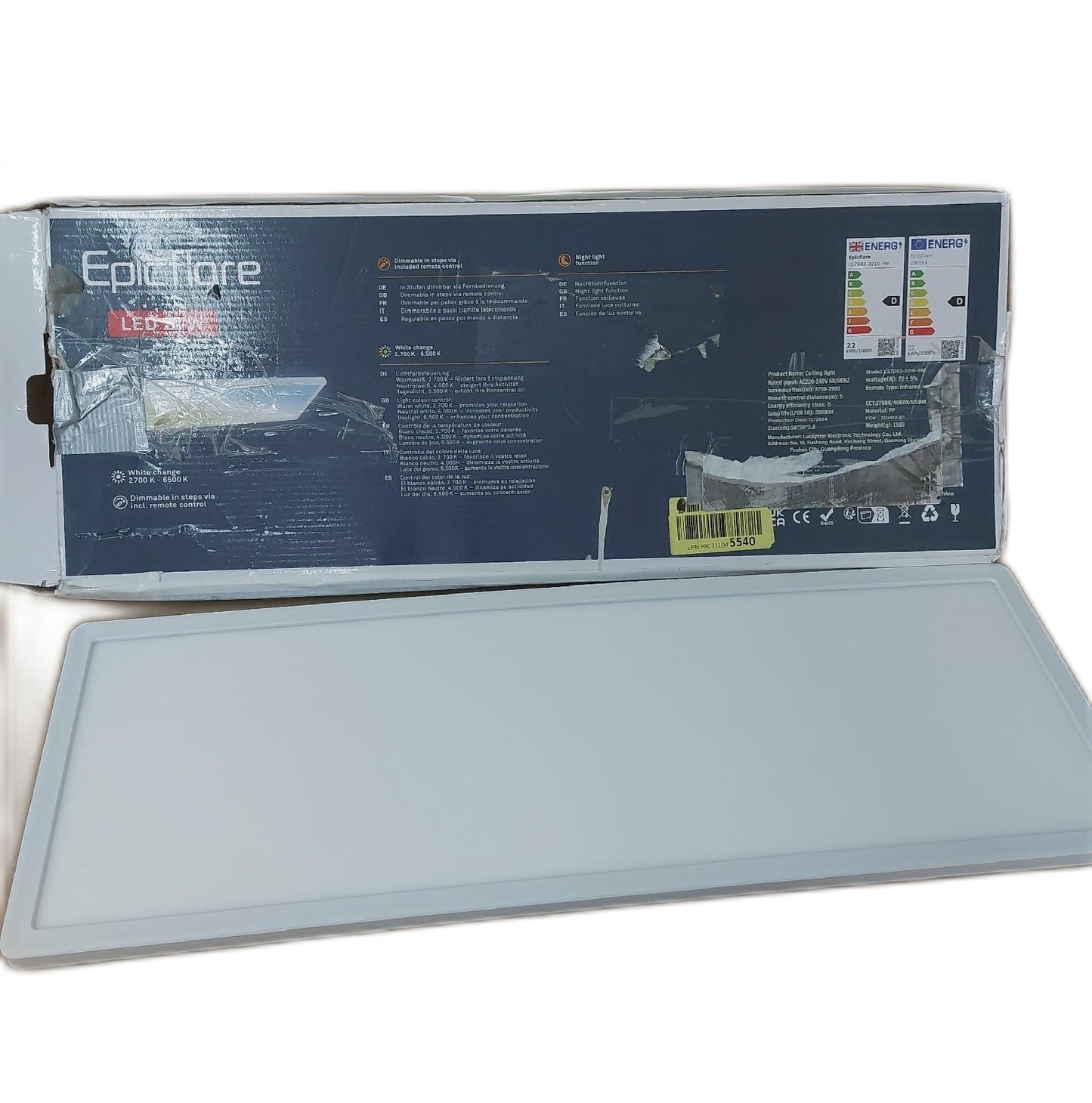 Epicflare Deckenleuchte Beleuchtung LED Panel 58x20x28 cm IP44 Fernbedienung dimmbar