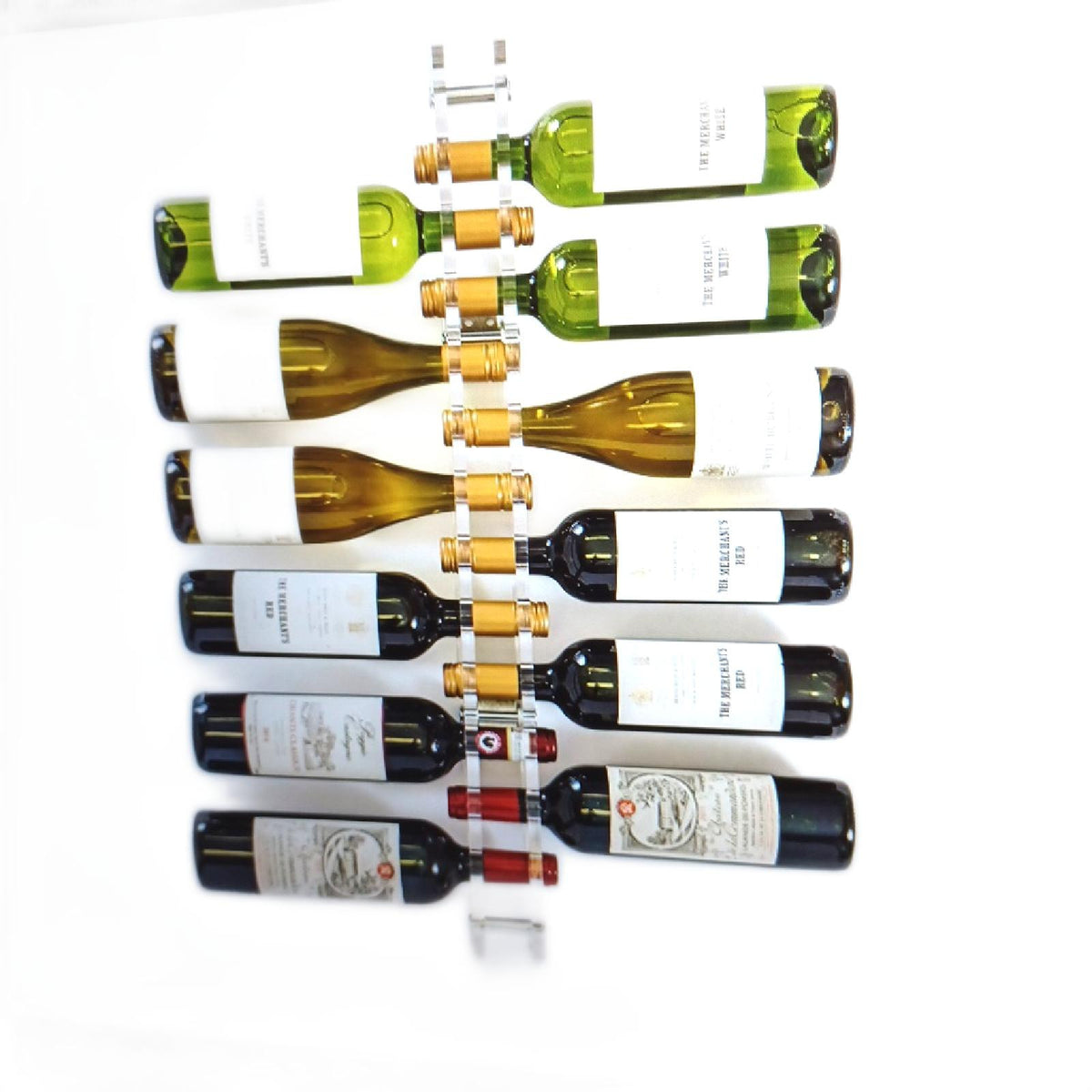 Rosey Home Modernes Weinregal Wandmontage Acrylglas Klarglas Effekt polierte Metalloberfläche für 12 Flaschen