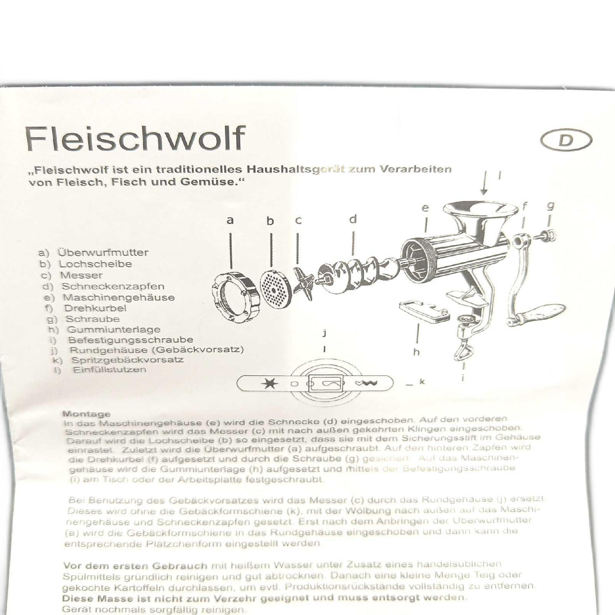 GSW Fleischwolf Größe 8 Edelstahl Messer Lochscheibe ohne Gummiunterlage Spritzgeb