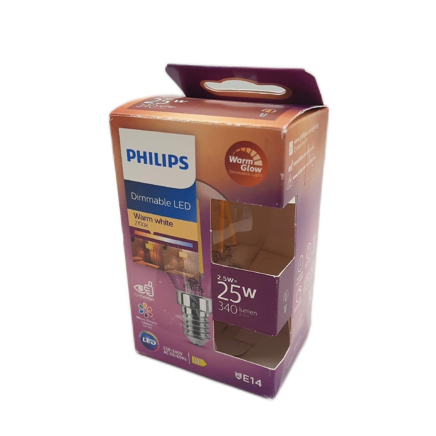 PHILIPS LED Classic E14 WarmGlow Lampe, 25 W, Tropfenform, dimmbar, klar, warmweiß