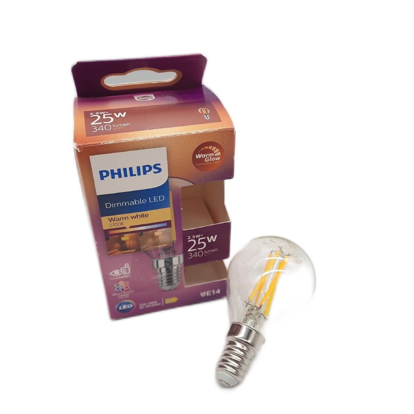 PHILIPS LED Classic E14 WarmGlow Lampe, 25 W, Tropfenform, dimmbar, klar, warmweiß