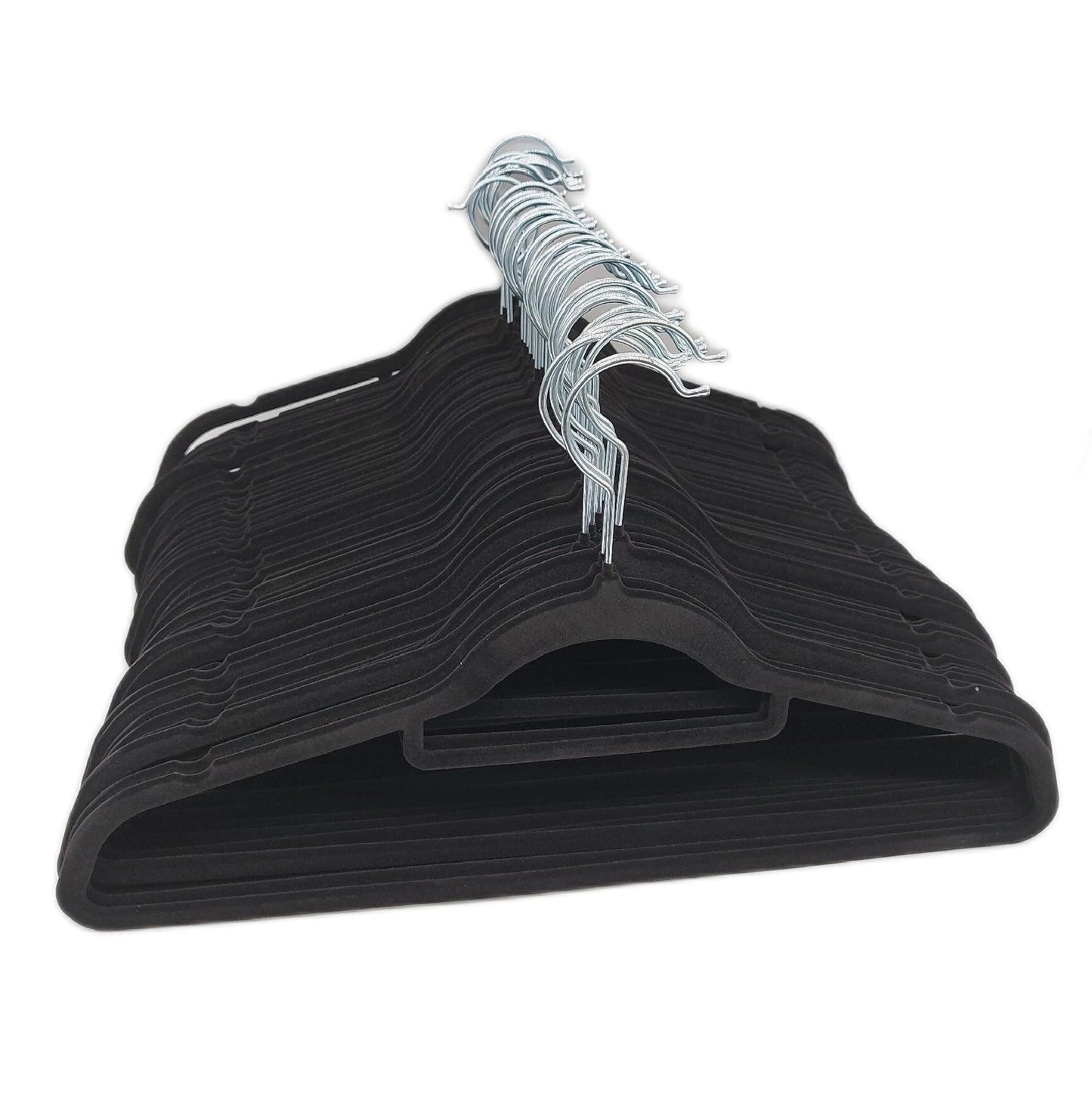PORTENTUM Velours Kleiderbügel 50er Set Schwarz. Zubehörhalter Haken